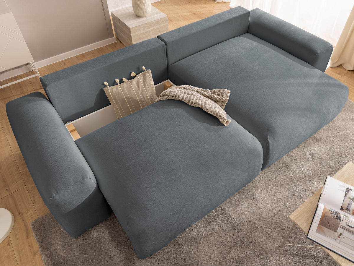 ECKSOFA Puffy mit Schlaffunktion und Bettkasten - besonders weich und puffig aus Dunkelgrau Webstoff - Ottomane rechts - Dunkelgrau/Schwarz, Holz/Kunststoff (266/138cm) - S-Style Möbel