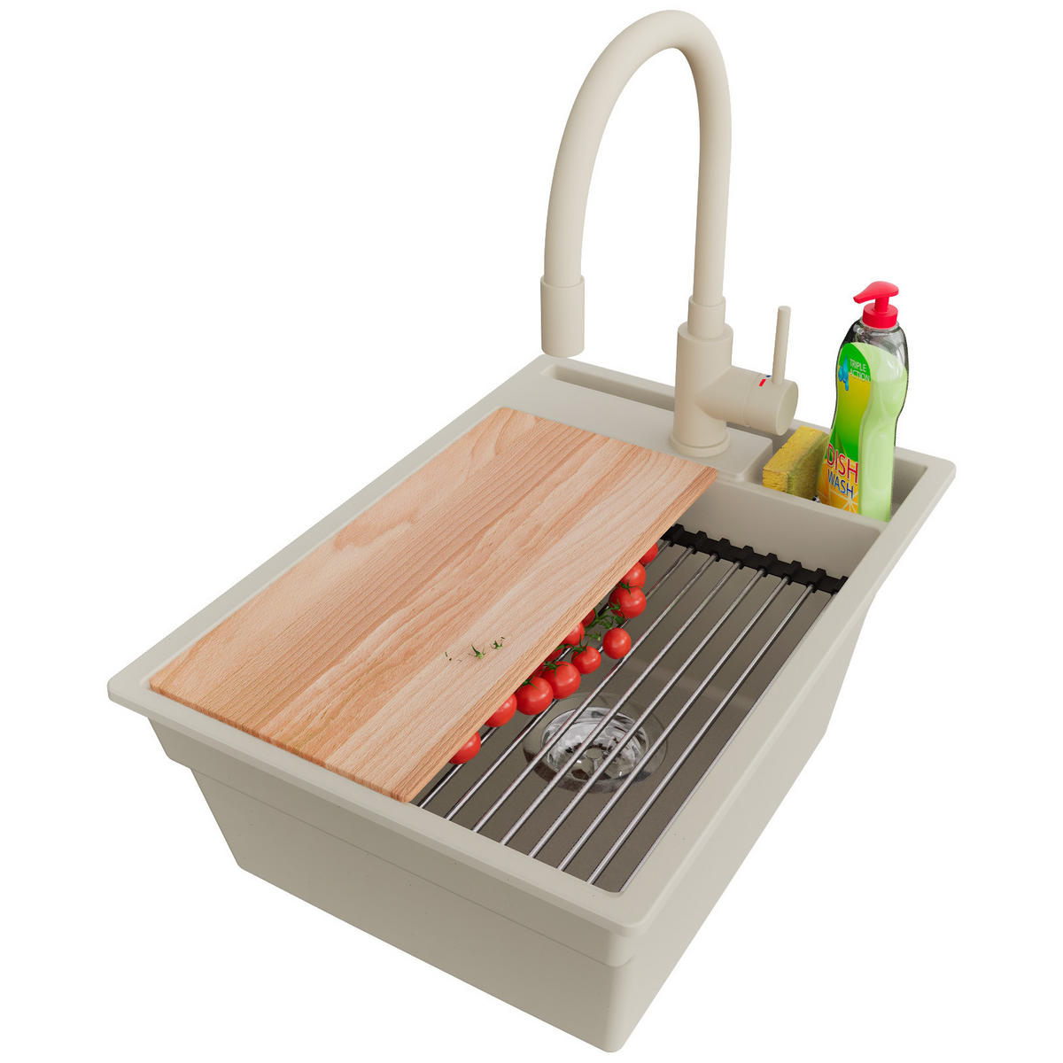 GRANITSPÜLE Oslo Pocket, 2-er set Beige 38/53 cm 1 Becken + Küchenarmatur 38/14 cm + Ablauf-Set + Küchenzubehörset ab 40er Unterschrank - Chromfarben/Beige, Kunststoff (38/20/53cm) - Primagran