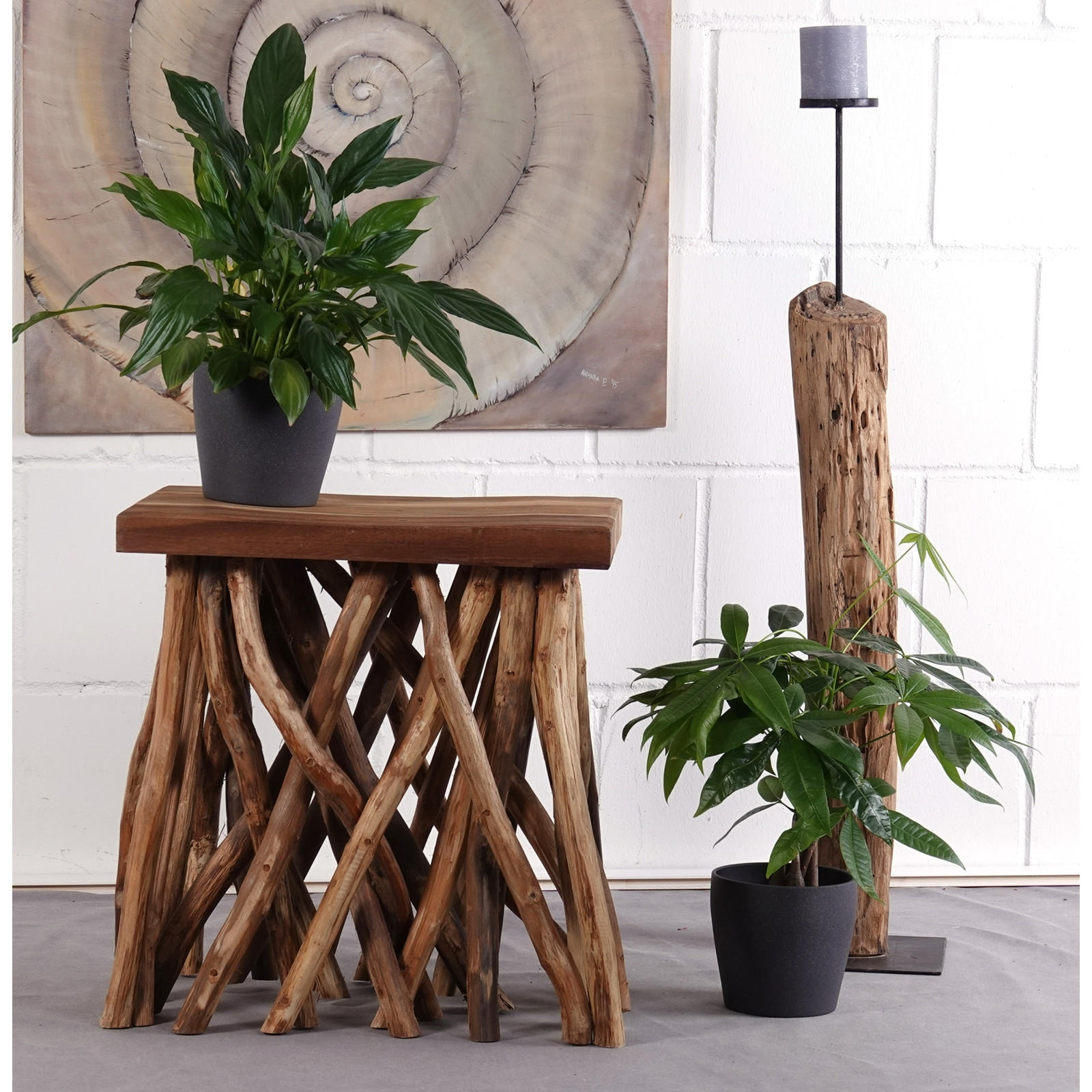 BEISTELLTISCH Woods Teak Massivholz, Sockel aus naturgewachsenen Ästen naturfarben - Naturfarben, Holz (45/30/48cm) - CREEDWOOD