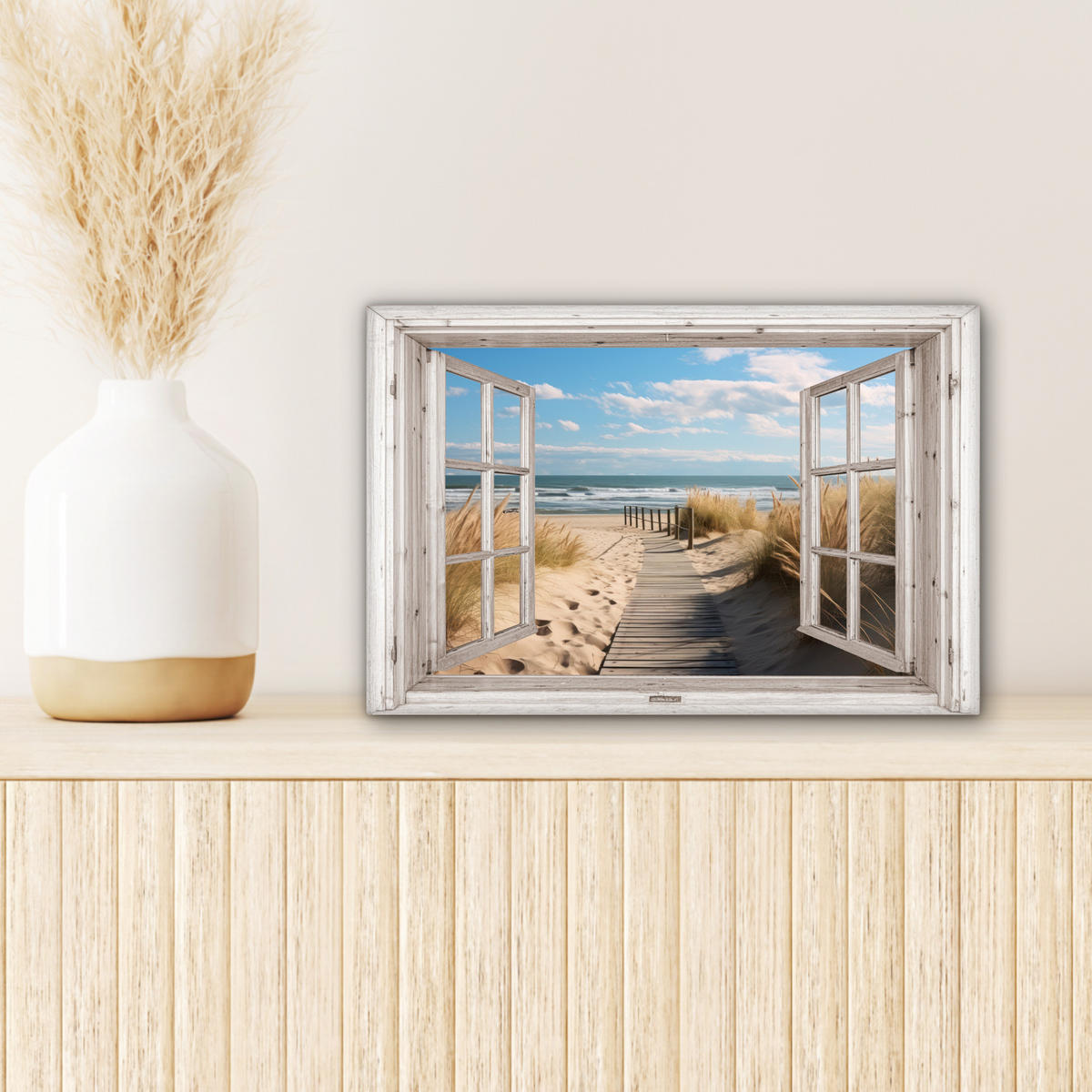 LEINWANDBILD Fenster - Meer - Küste - Natur - Ausblick - Strand - Wattenmeer 30x20 cm - Beige, Textil (30/20cm) - MuchoWow