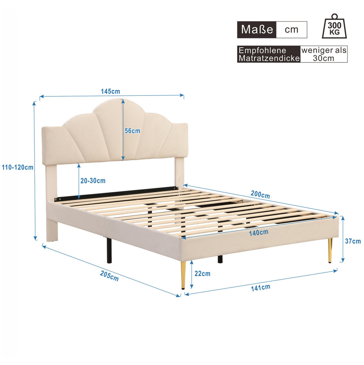 SAMT-POLSTERBETT 140/200 cm in Beige mit verstellbarem Kopfteil - Beige, Textil (140/200cm) - BEAOK