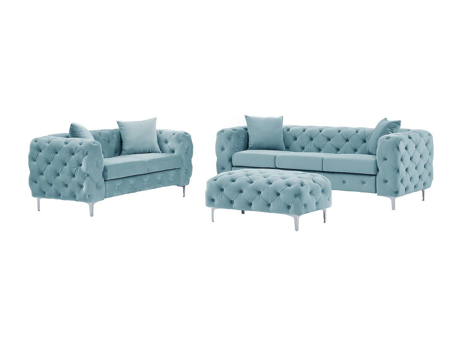 CHESTERFIELD-SOFA 3-Sitzer, 2-Sitzer & Chesterfield-Hocker - Samt - Pastellblau - EDWINA - Hellblau, Textil (91/76/220cm) - Vente-Unique