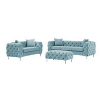 CHESTERFIELD-SOFA 3-Sitzer, 2-Sitzer & Chesterfield-Hocker - Samt - Pastellblau - EDWINA - Hellblau, Textil (91/76/220cm) - Vente-Unique