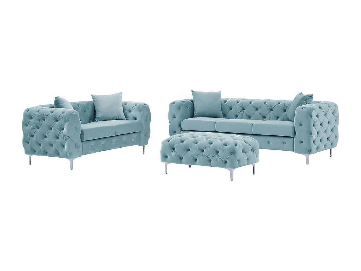 CHESTERFIELD-SOFA 3-Sitzer, 2-Sitzer & Chesterfield-Hocker - Samt - Pastellblau - EDWINA - Hellblau, Textil (91/76/220cm) - Vente-Unique