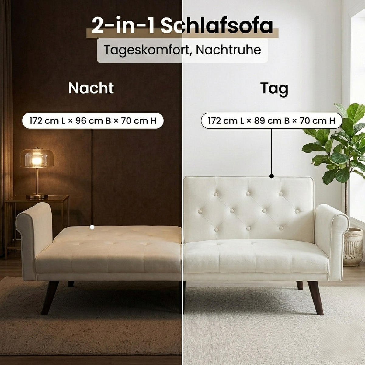 SCHLAFSOFA 150/89/70 cm in Beige Samt mit Verstellbarer Rückenlehne - Beige, Textil (172/70/89cm) - Oxeza