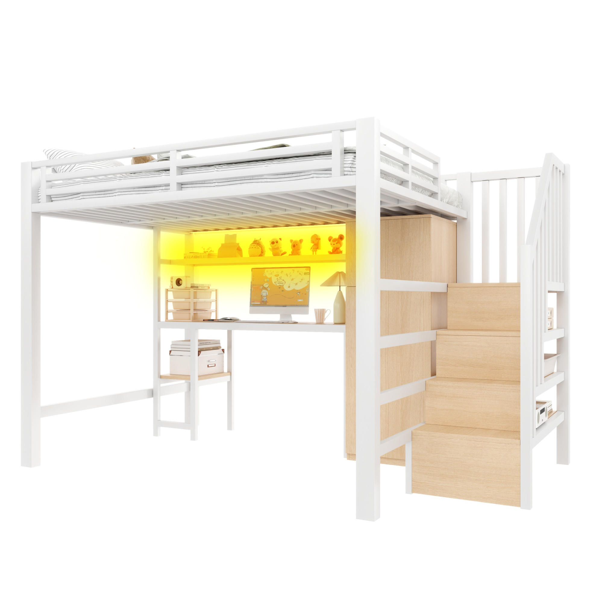 HOCHBETT 140/200 cm mit Schreibtisch, Regal, Kleiderschrank und LED - Weiß, Metall (140/200cm) - MIVRAY