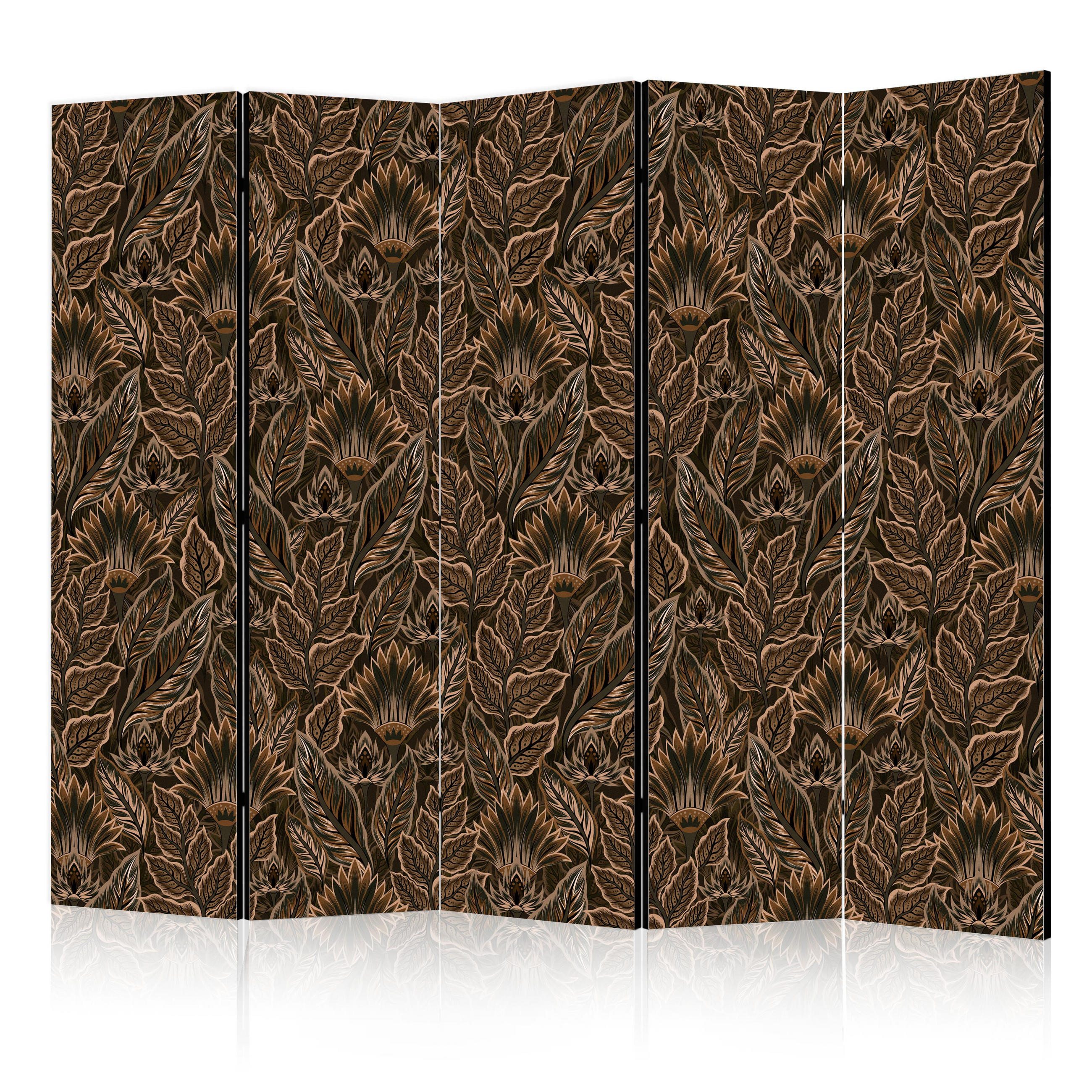 PARAVÁN Obojstranný 5-dielny 225x172 cm Hnedé Listy - hnedá, drevo/textil (225/172/3cm) - Muralo
