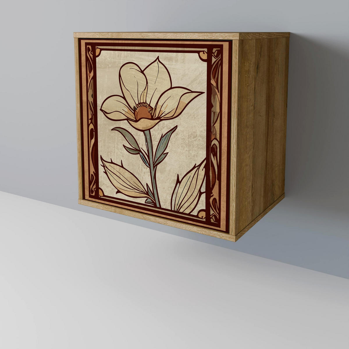 SIDEBOARD TIMELESS FLORA, Eichefarben, 57,5x42x67,5 cm, Schwarze Metall-Rahmenfüße - Eichefarben/Multicolor, Holzwerkstoff/Metall (57.5/67.5/42cm) - SpaceRebels