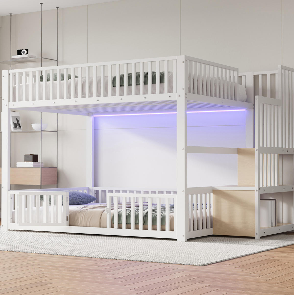 ETAGENBETT 140/200 cm Weiß mit LED und Stauraumleiter - Weiß, Metall (140/200cm) - MIVRAY