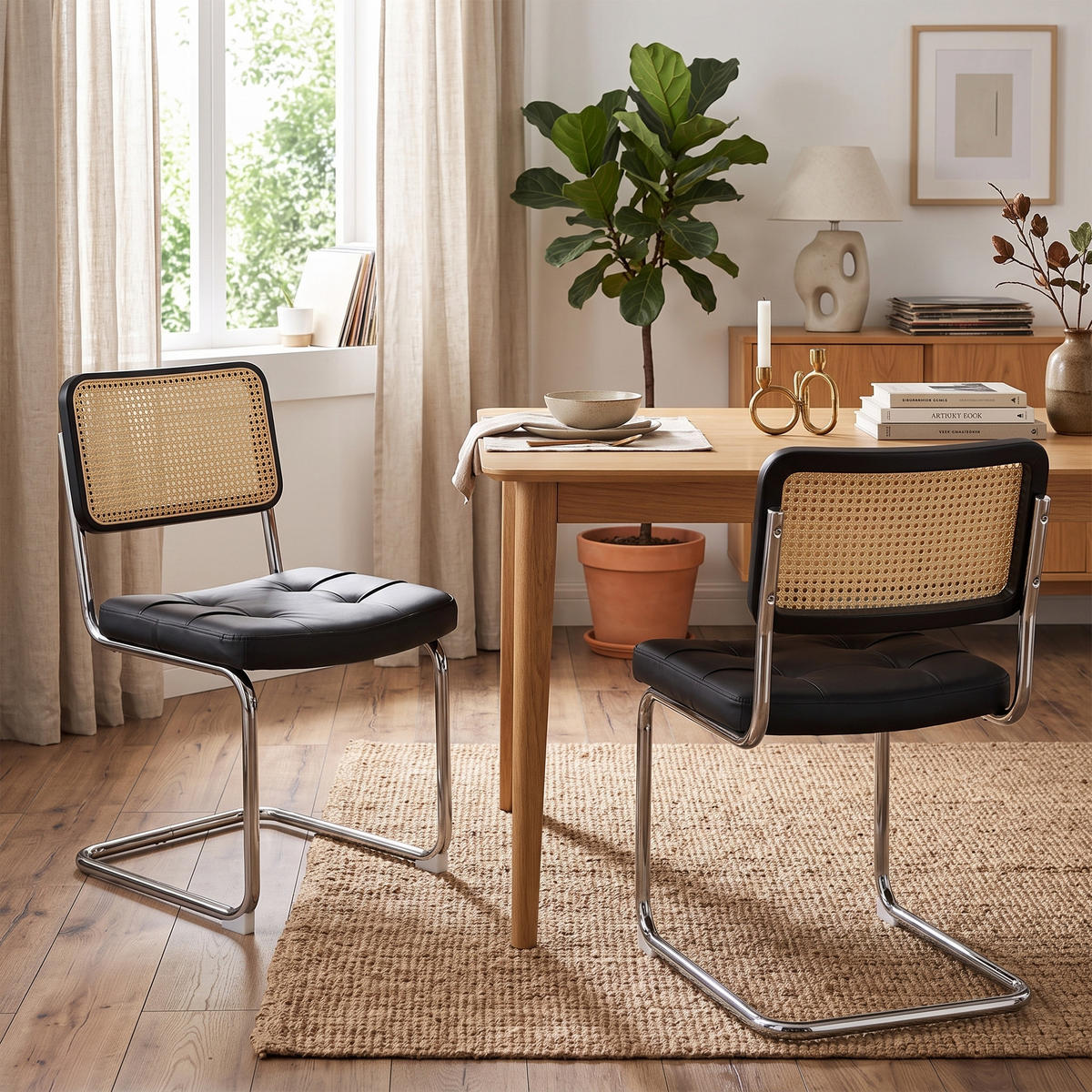 JÍDELNÍ ŽIDLE pérové (sada 2 ks), umělá kůže a ratan, chromovaná podnož - černá, textil (53/84.6/46.4cm) - Urban Meuble