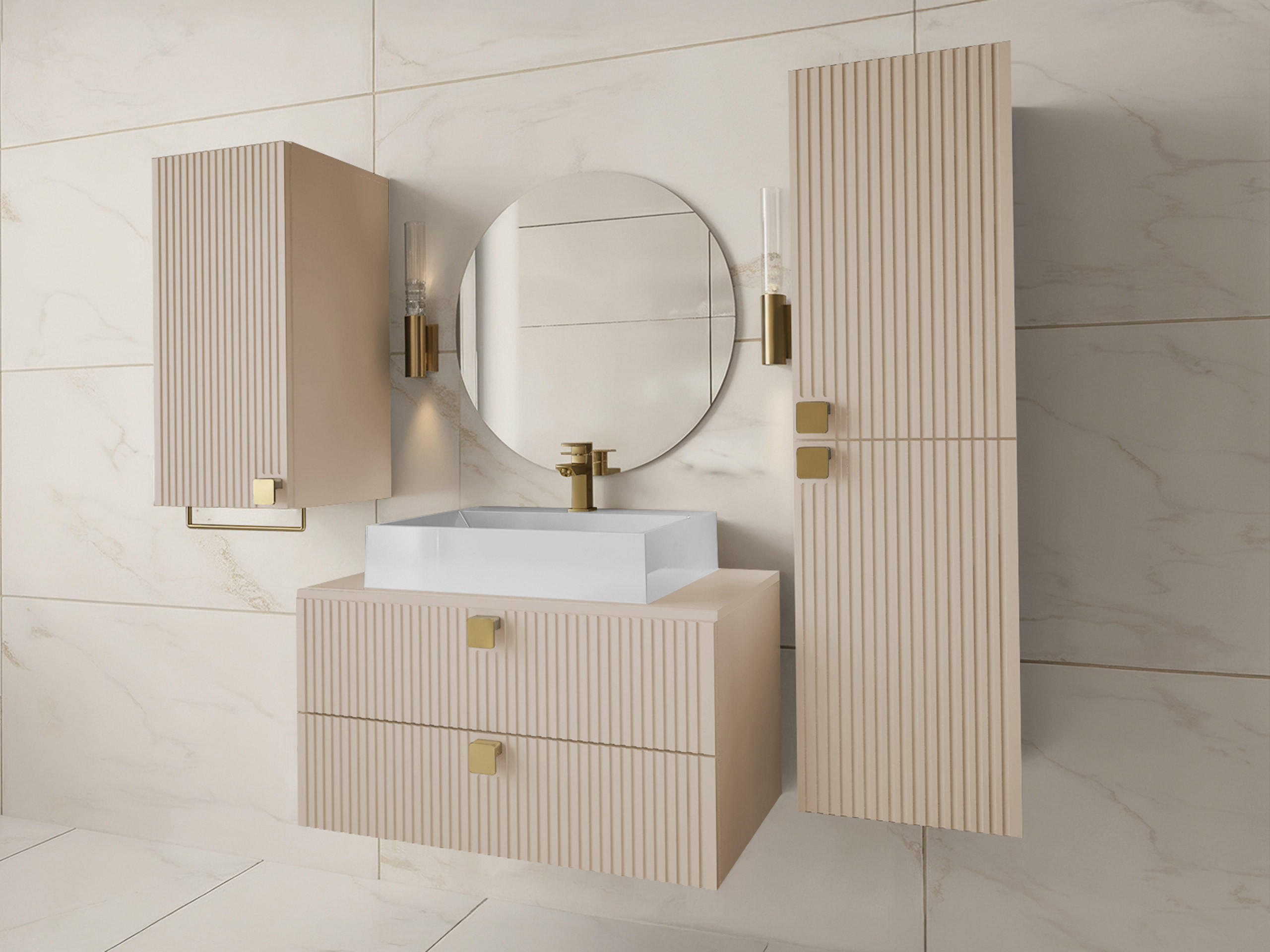 BADMÖBEL-SET Gariano I - Sandfarben/Goldfarben, Holzwerkstoff/Kunststoff (80/42/46cm) - MIRJAN24