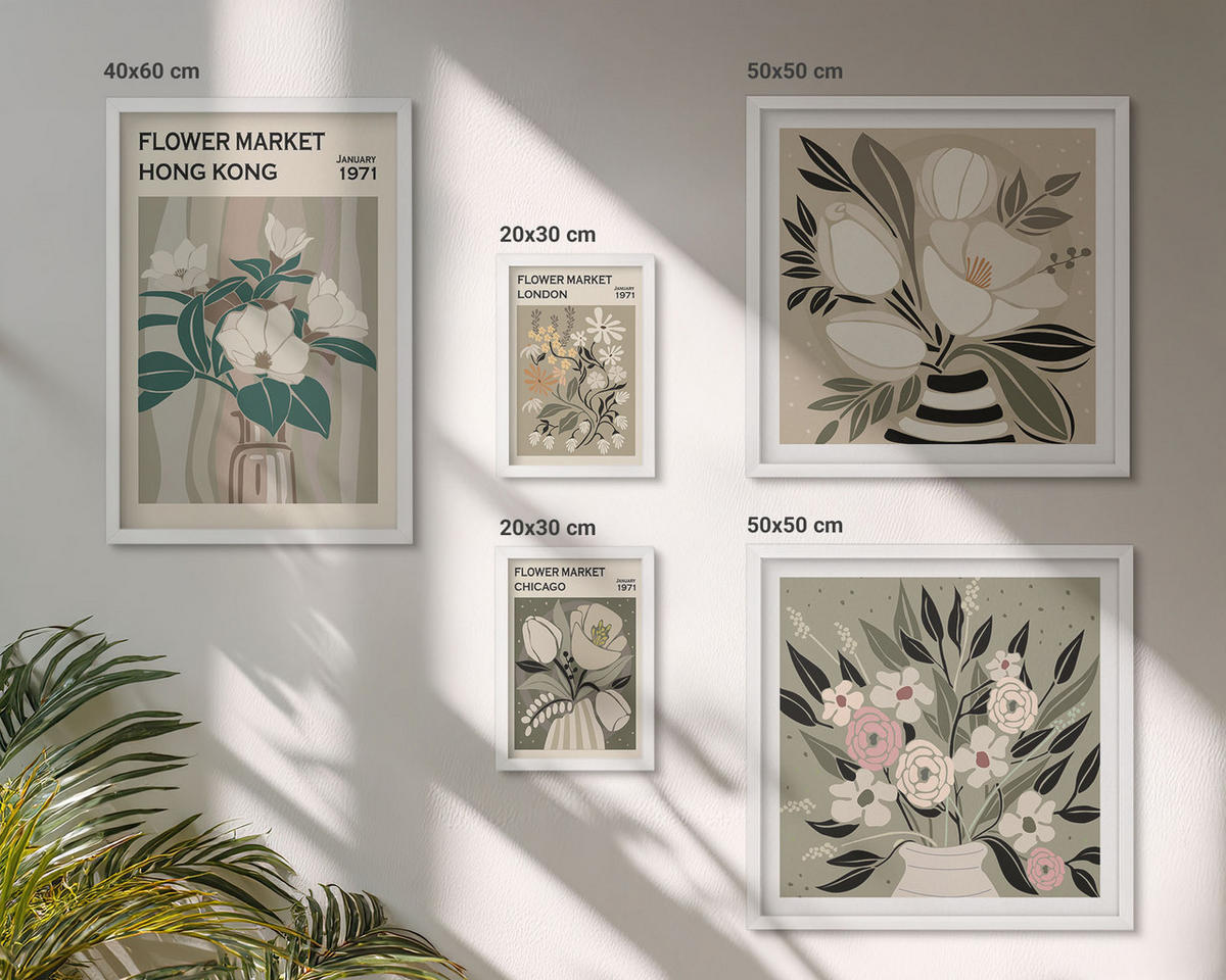 BILDER SET 5er Set - 50x50 cm & 20x30 cm & 40x60 cm Weißer Rahmen - Blumenillustrationen London Hongkong - Weiß, Kunststoff (40/60cm) - TULUP