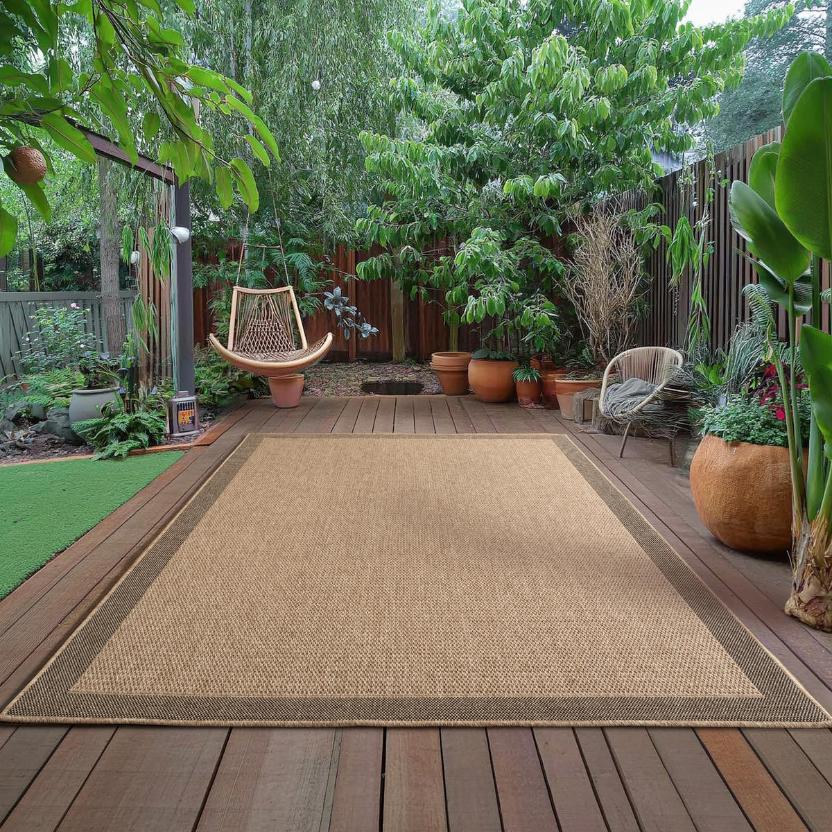 TEPPICH In-/Outdoor Jute-Optik Flachgewebe Bordüre Polypropylen Beige Rechteckig 140x200 - Beige, Textil (140/200cm) - KADIMA DESIGN