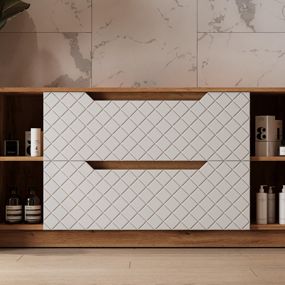 WASCHBECKENUNTERSCHRANK Lotta Eiche/Weiß mit Kachelstruktur 119.2 x 62.5 cm mit 2 Schubladen - Eichefarben/Weiß, Holzwerkstoff (119.2/62.5/32cm) - Vicco