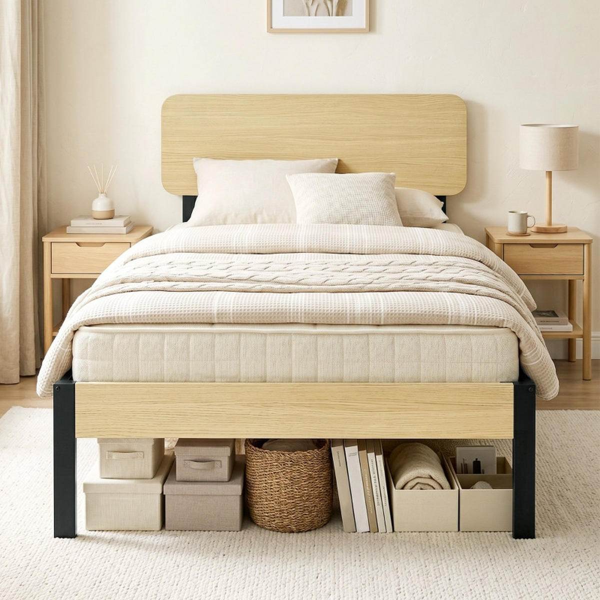 BETT 90/200 cm DE-32879 mit Kopfteil und Stauraum Schwarz - Naturfarben, Metall (90/200cm) - ComfortXL