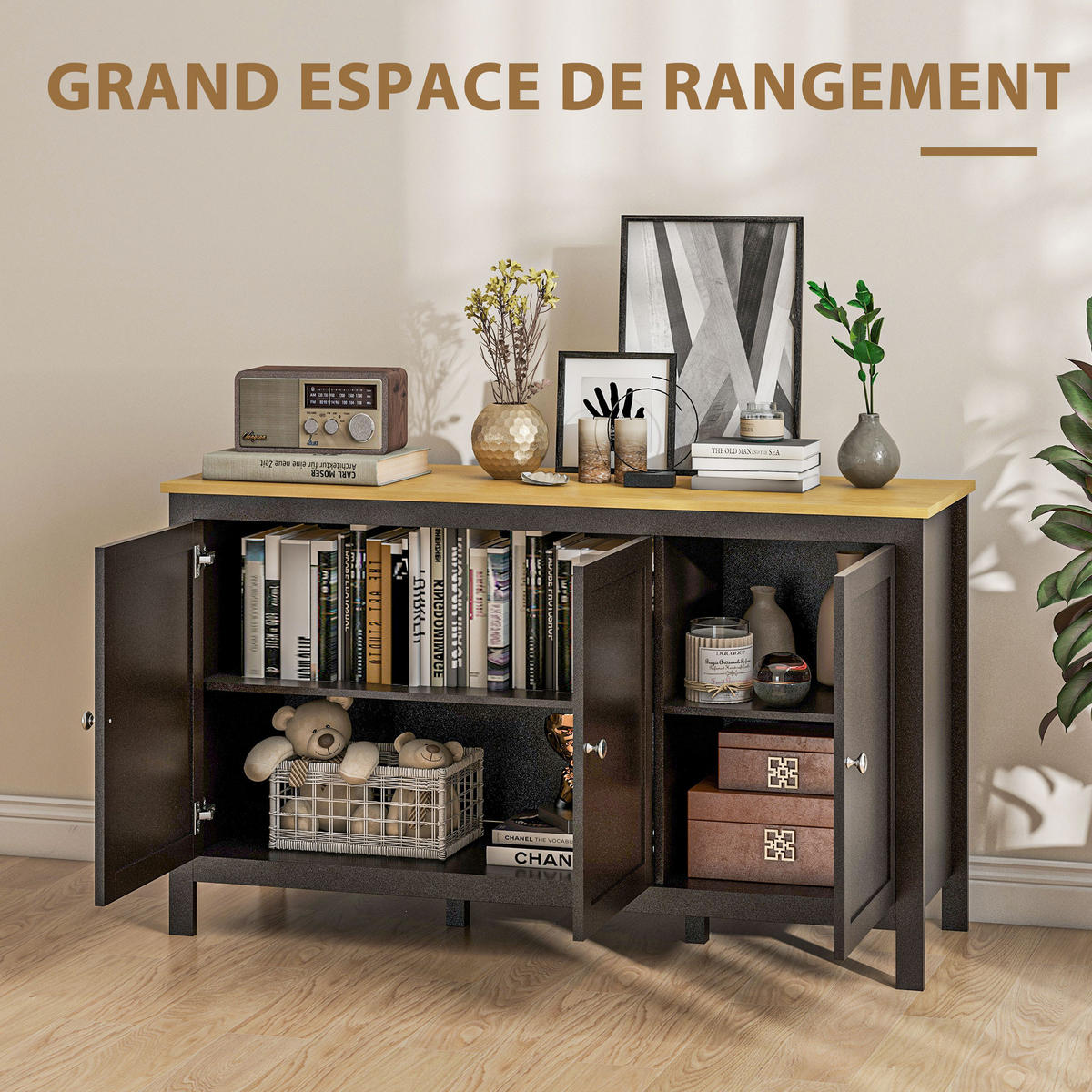 SIDEBOARD Schwarz und Holzoptik, 3 Türen, 120/40/70 cm - Schwarz, Holz (120/70/40cm) - PANGIVO
