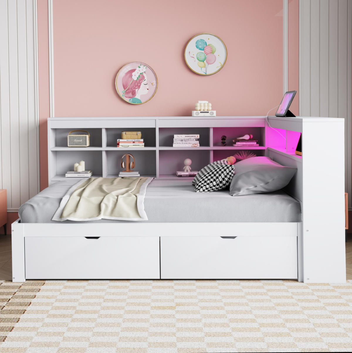 BETT 90/200 cm aus Massivholz mit Stauraum, USB-Anschluss und LED-Beleuchtung - Weiß, Holzwerkstoff (90/200cm) - Flora Grace