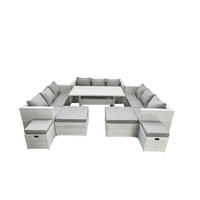 GARTENSET mit Esstisch,Sofa,4 Fußhocker Polyrattan Hellgrau 13-Sitzer - Hellgrau/Grau, Glas/Kunststoff - Fimous