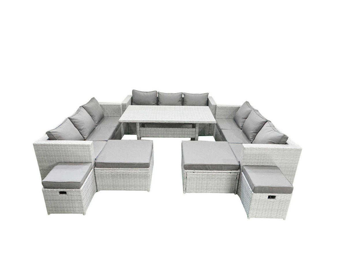 GARTENSET mit Esstisch,Sofa,4 Fußhocker Polyrattan Hellgrau 13-Sitzer - Hellgrau/Grau, Glas/Kunststoff - Fimous