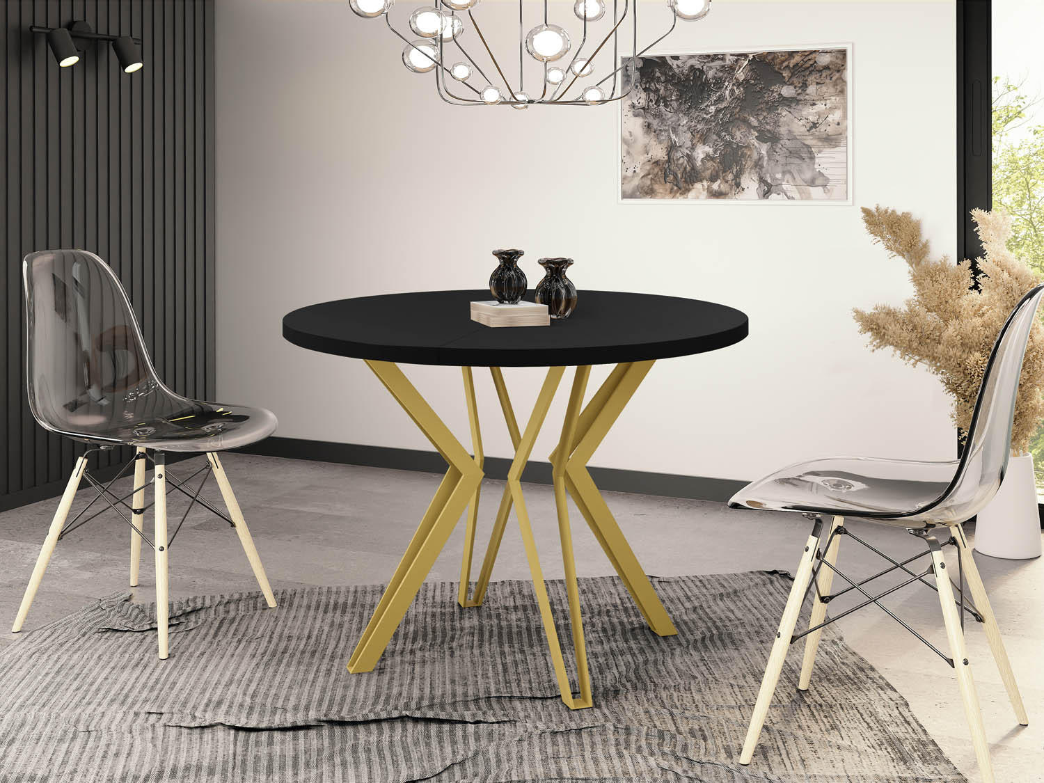 ESSTISCH Daisy runder ausziehbarer, Schwarz 100-180/100/76 cm - Goldfarben/Schwarz, Holzwerkstoff/Metall (100/100/76cm) - WFL GROUP