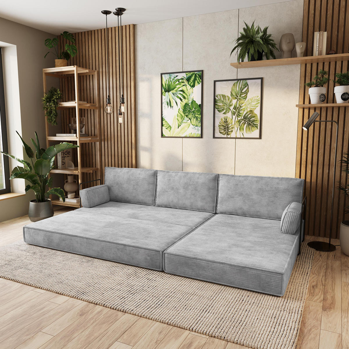 ECKSOFA ANKO modulares Boneless Sofa mit Schlaffunktion Hellgrau Kordstoff - Hellgrau, Textil (270/160cm) - MASSENO