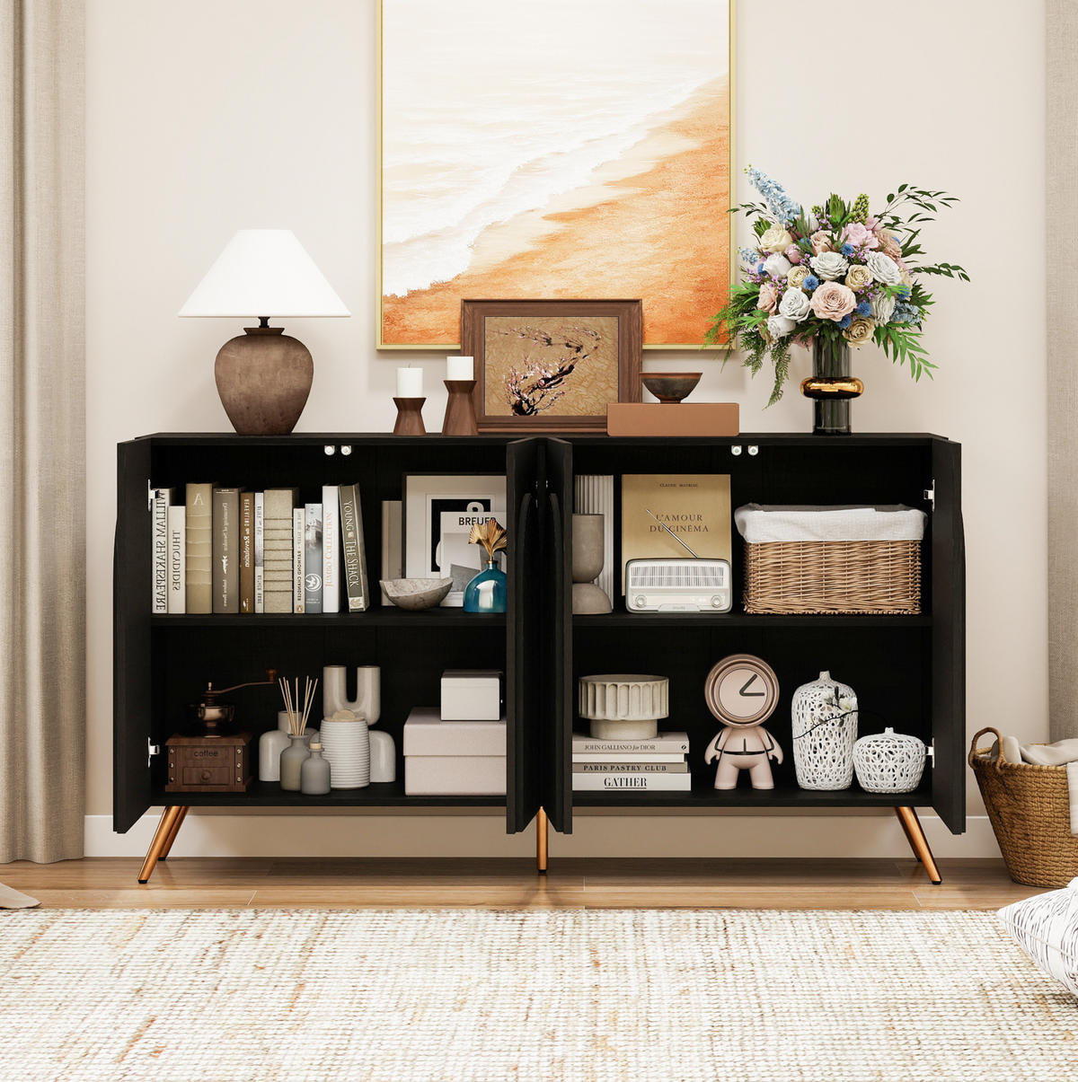 SIDEBOARD aus Holzwerkstoff 150x38x83 cm Schwarz mit verstellbaren Einlegeböden, 3D-Vertikalrillen und Bogentüren - Schwarz, Holzwerkstoff (150/83/38cm) - Modfu
