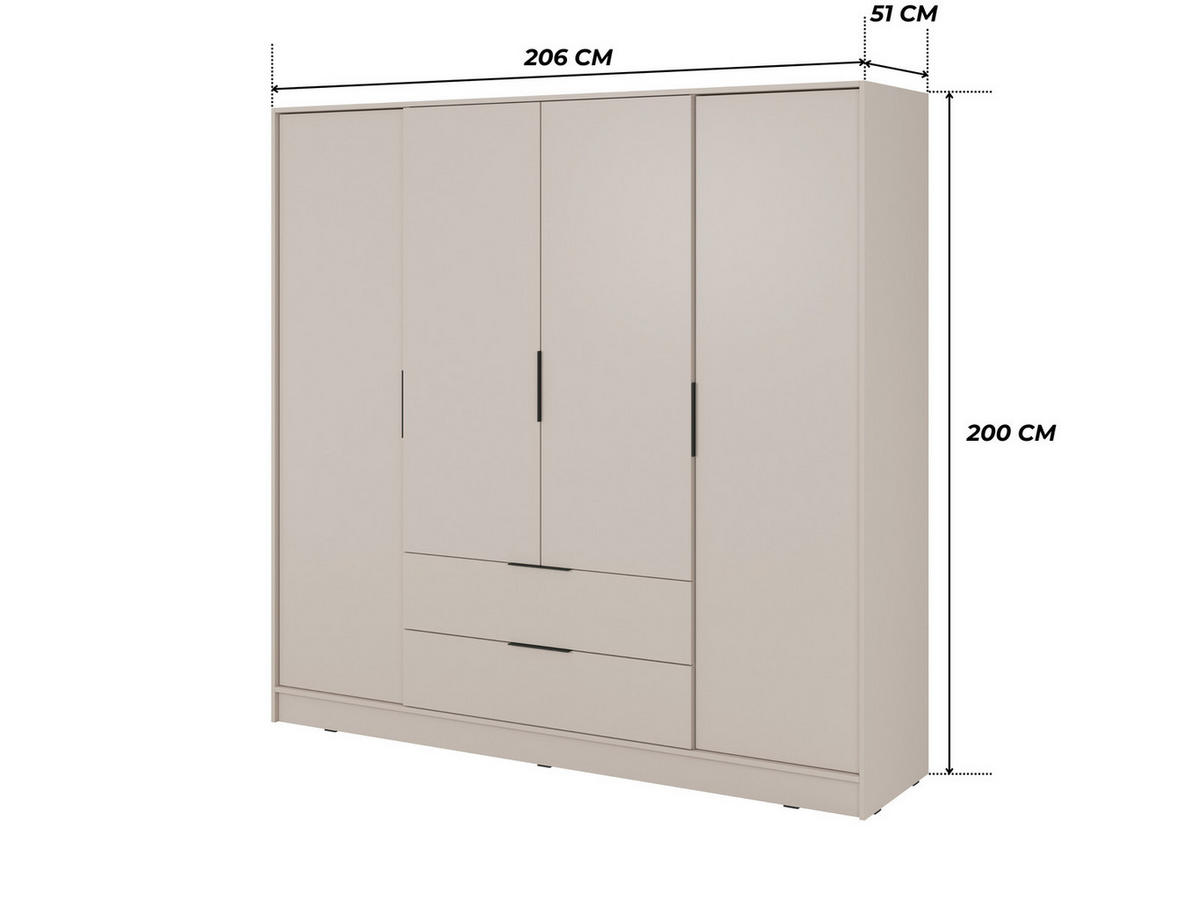 GROSSER Kleiderschrank RICADI 4D (Kaschmir, 4 Türen, 2 Schubladen, Kleiderstange, Kunststoffgriffe) - Kaschmir/Schwarz, Holz/Holzwerkstoff (206/200/51cm) - Ravio