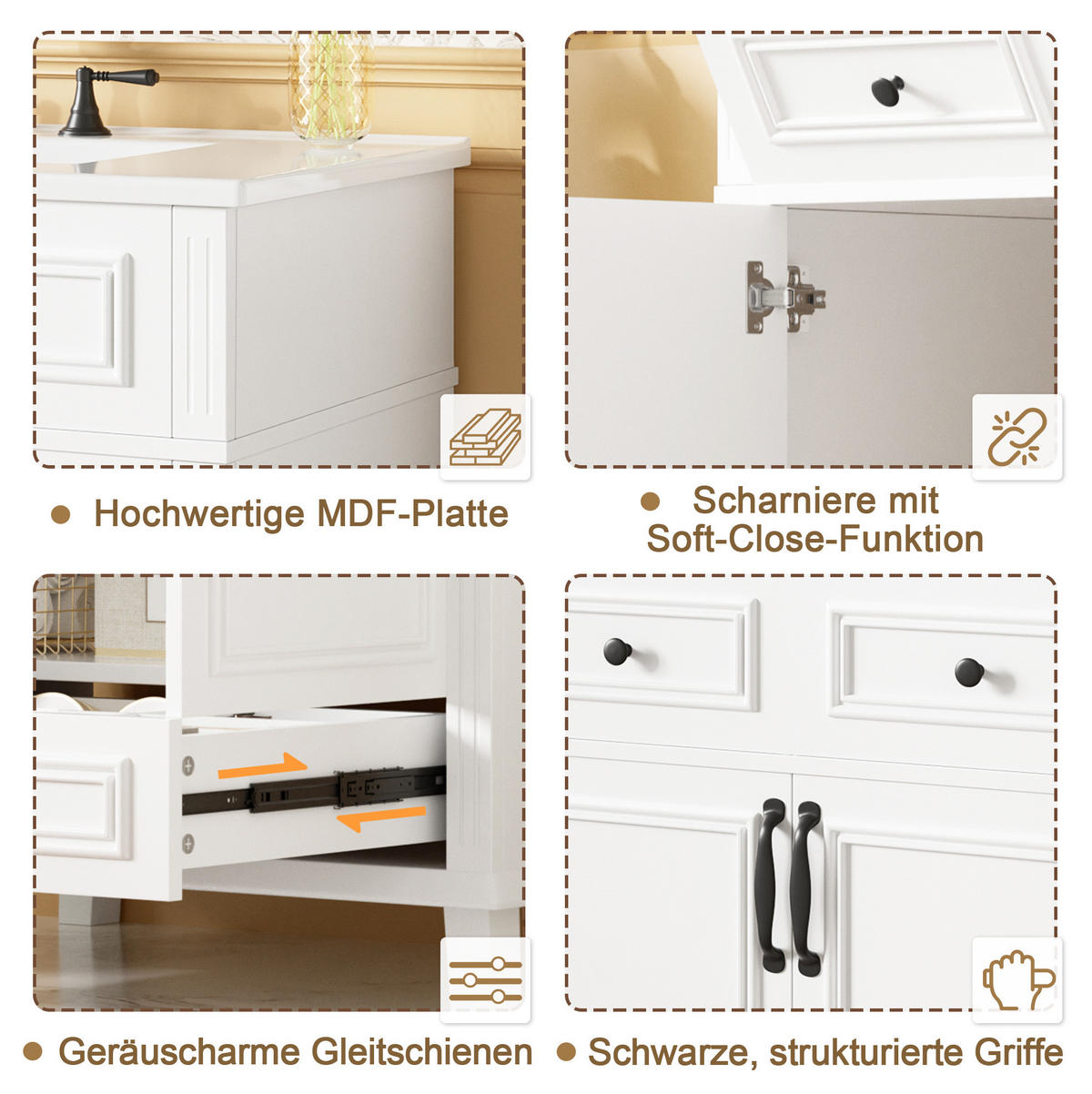 WASCHTISCH aus MDF und Keramik 77x46x86 cm Weiß mit integriertem Keramikbecken, Soft-Close und Stauraum - Weiß, Keramik (77/86/46cm) - Modfu