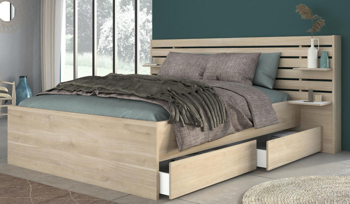 STAURAUMBETT Bett 140x200 cm mit 2 x Bettschubkasten und Ablage - Eichefarben, Holz/Holzwerkstoff (200/140cm) - Parisot Meuble