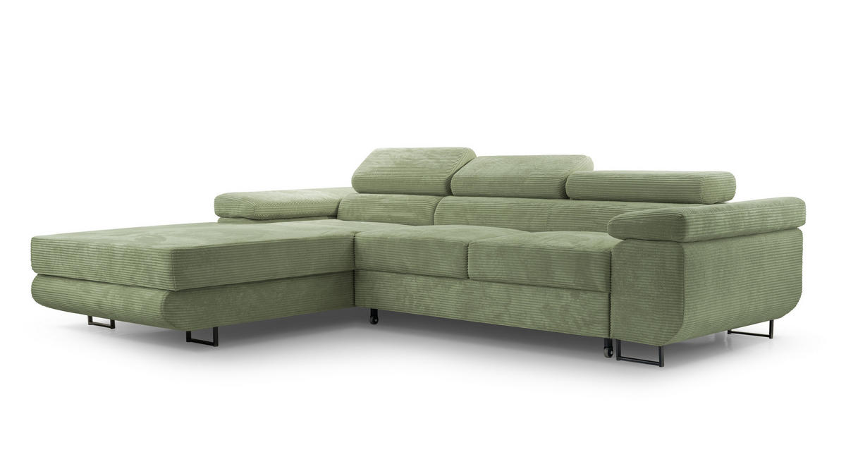 ECKSOFA L Form Arborio Salbeigrün 280/203/90 cm Links mit Schlaffunktion - Schwarz/Grün, Textil/Metall (203/280cm) - AX Living