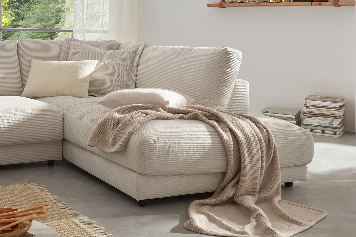 ECKSOFA MADELINE Cremeweiß Cord - Creme/Schwarz, Kunststoff/Textil (325/224cm) - KAWOLA