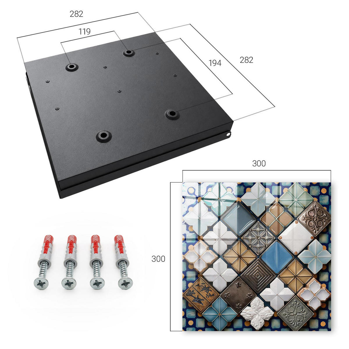 SCHLÜSSELBOX Schwarz 30x30 cm- Türöffnung nach rechts - Fliesenmuster - Blau, Metall (30/30/5cm) - TULUP