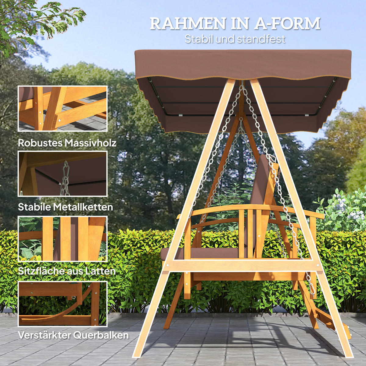 HOLLYWOODSCHAUKEL DE-07043 3-Sitzer, Echtholz, mit Liegefunktion Braun - Braun, Holz (236/181/130cm) - ComfortXL