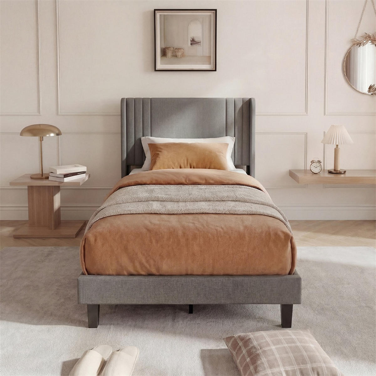POLSTERBETT 90 x 200 cm aus Leinen mit gepolstertem Kopfteil - tabile Bettbeine ohne Matratze - Grau - Grau, Textil (90/200cm) - DELFA