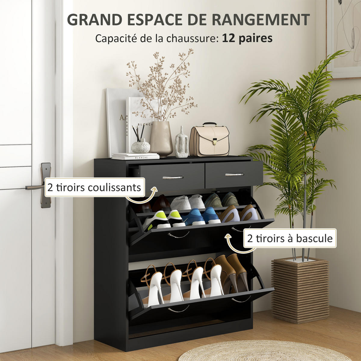 SCHUHSCHRANK Schwarz Holzwerkstoff mit Fächern und Schubladen 1 Stück - Schwarz, Holzwerkstoff (80/91.5/30cm) - PANGIVO