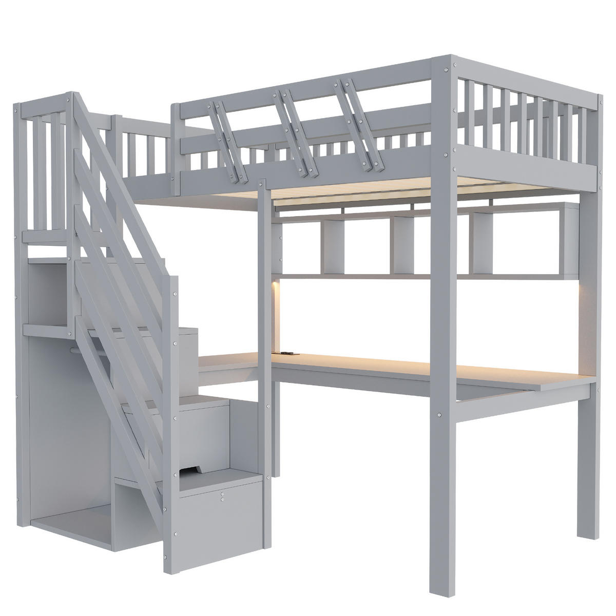 HOCHBETT 90/200 cm mit Stauraumtreppe und Schreibtisch, DE-01497, in Grau - Grau, Holzwerkstoff (90/200cm) - ComfortXL