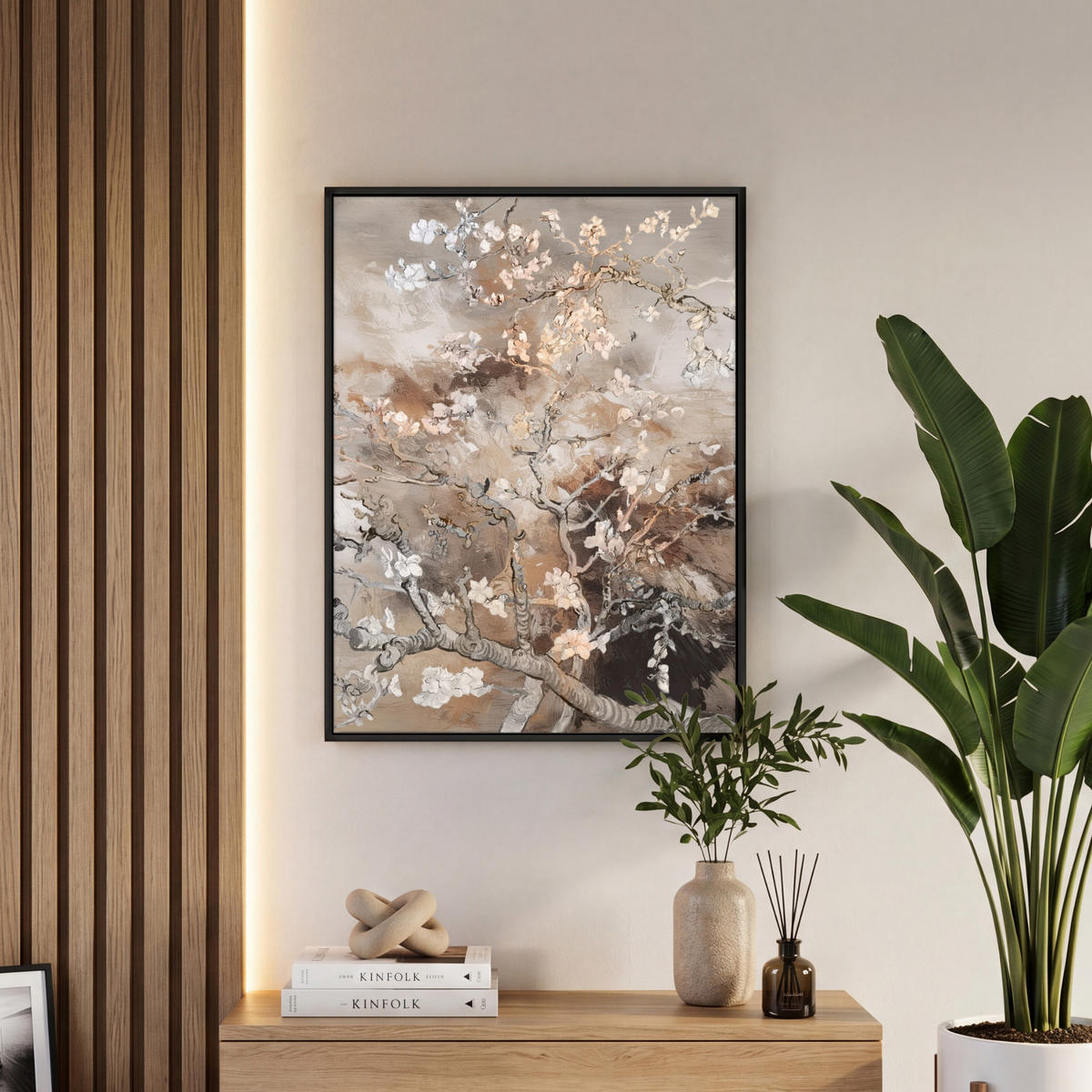 LEINWAND Bilder mit Rahmen - Mandelblüte - Kunst - Van Gogh - Beige - Abstrakt - 50x70 - Braun, Textil (50/70cm) - MuchoWow