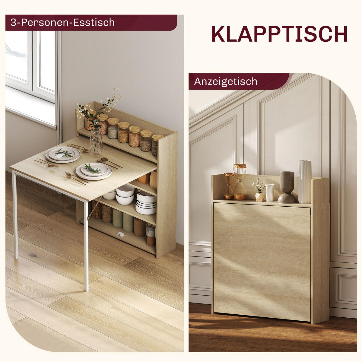 ESSTISCH Klappbar mit Regal, Platzsparend, 78,5 x 91 x 93 cm, Eiche - Eichefarben, Holzwerkstoff (91/78.5/93cm) - HOMCOM