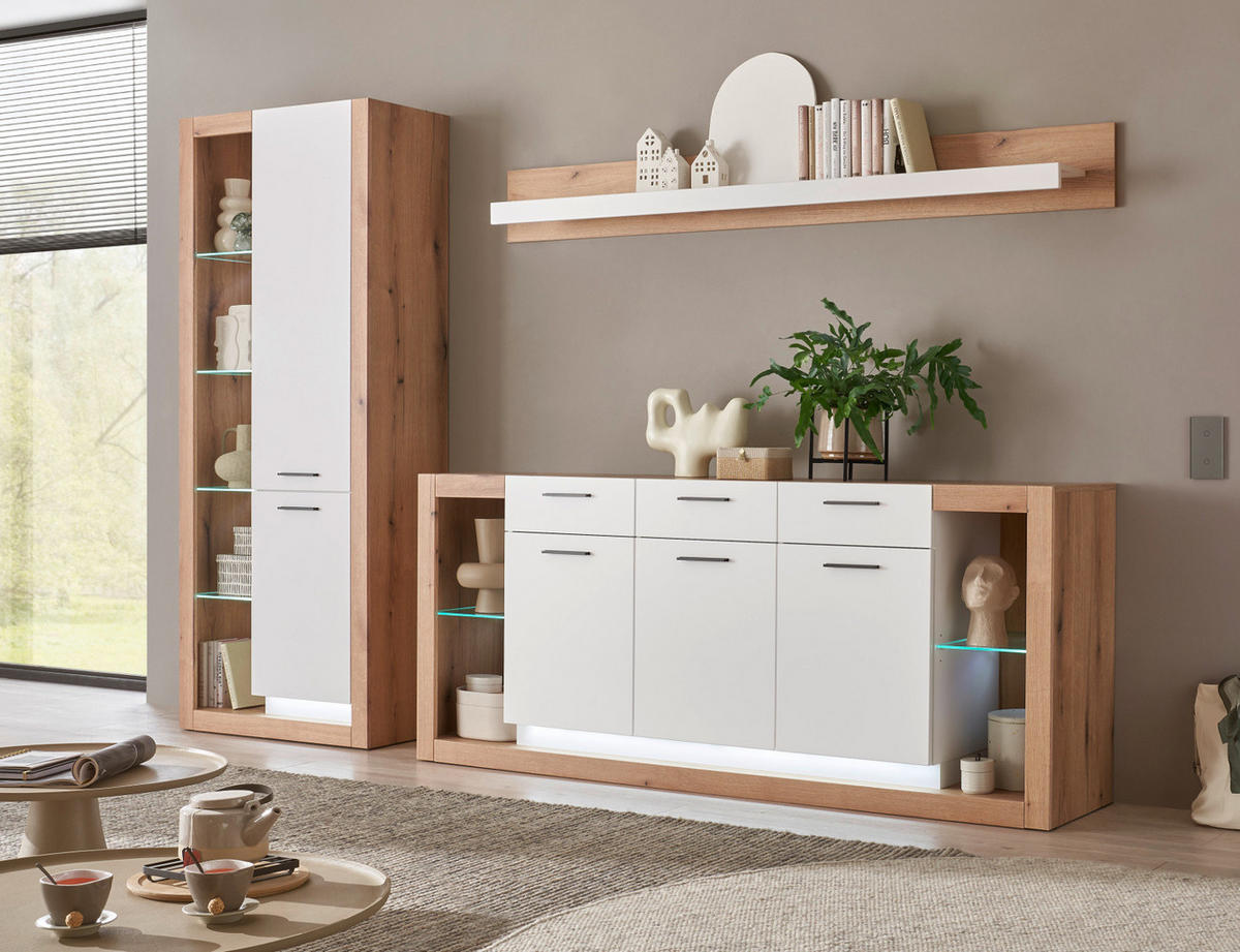 WOHNWAND weiß matt, Evoke Eiche, Wohnkombination Set 3-teilig 298 cm - Eichefarben/Silberfarben, Glas/Holzwerkstoff (298/195/43cm) - Furn.Design