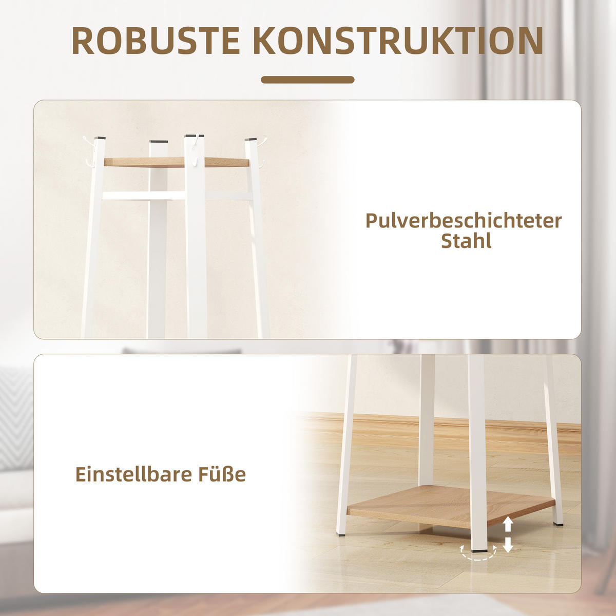 GARDEROBENSTÄNDER, mit 8 Haken, 4 Ebenen, Flur, 34 x 34 x 170 cm, Weiß - Eichefarben, Holzwerkstoff (34/170/34cm) - HOMCOM