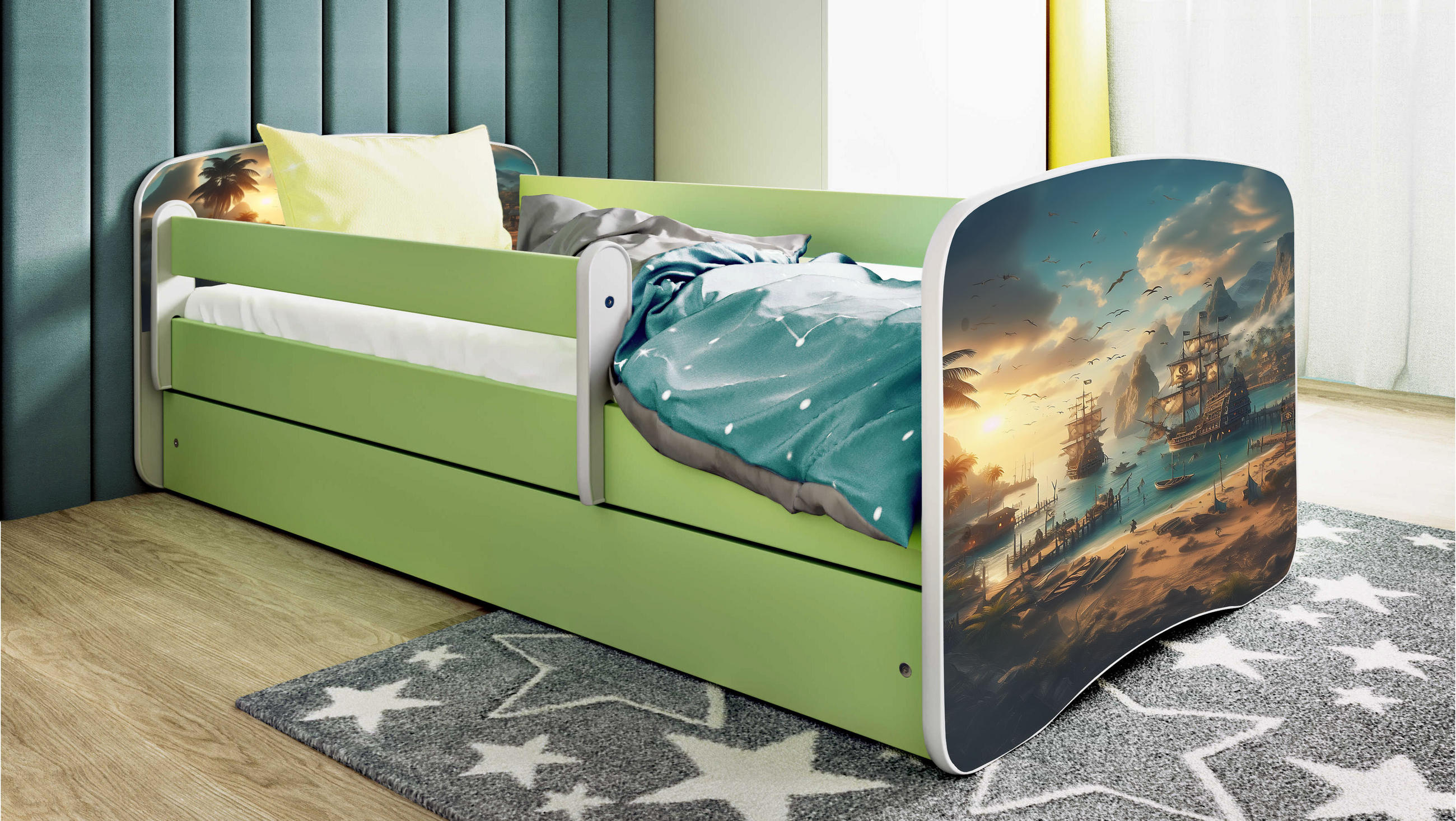 KINDERBETT Schiff mit Schublade 140/70 80/61/144 - Grün, Holzwerkstoff (70/140cm) - RAUMHIRSCH FURNITURE