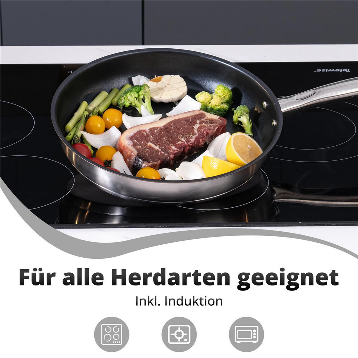 BRATPFANNENSET 3-teilig Induktion Antihaft Edelstahl 20/24/28 cm - Silberfarben, Metall - Kaket