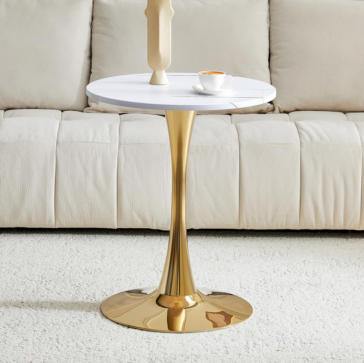 BEISTELLTISCH aus MDF und Metall 60x60x72 cm Weiß/Gold mit runder Tischplatte und stabilem Mittelfuß - Weiß, Holzwerkstoff (60/60/72cm) - Modfu