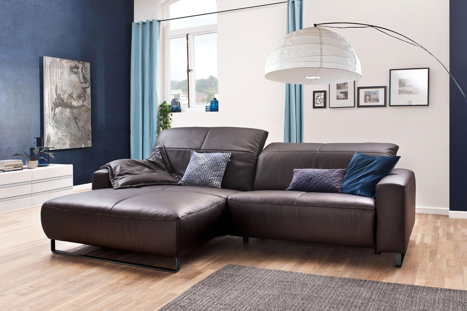 Thumbnail - Kawola Ecksofa, Dunkelbraun, Schwarz, Leder, Echtholz, 3-Sitzer, Füllung: Komfortschaum, Ottomane links, L-Form, 284x180...