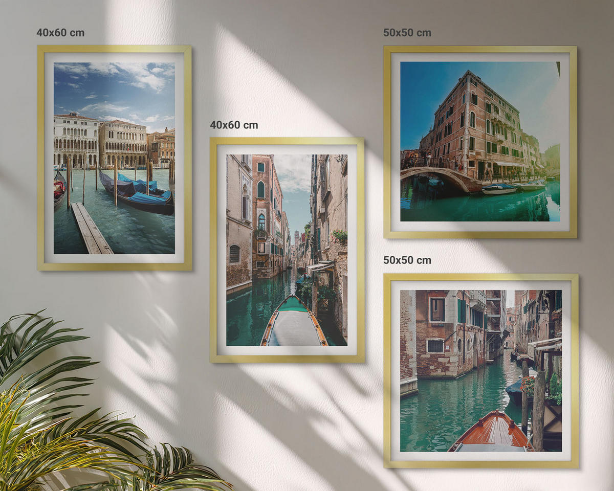 WANDBILDER 4er Set - 50x50 cm & 40x60 cm Goldrahmen - Architektur der Kanäle von Venedig - Goldfarben, Kunststoff (50/50cm) - ArtPrintCave