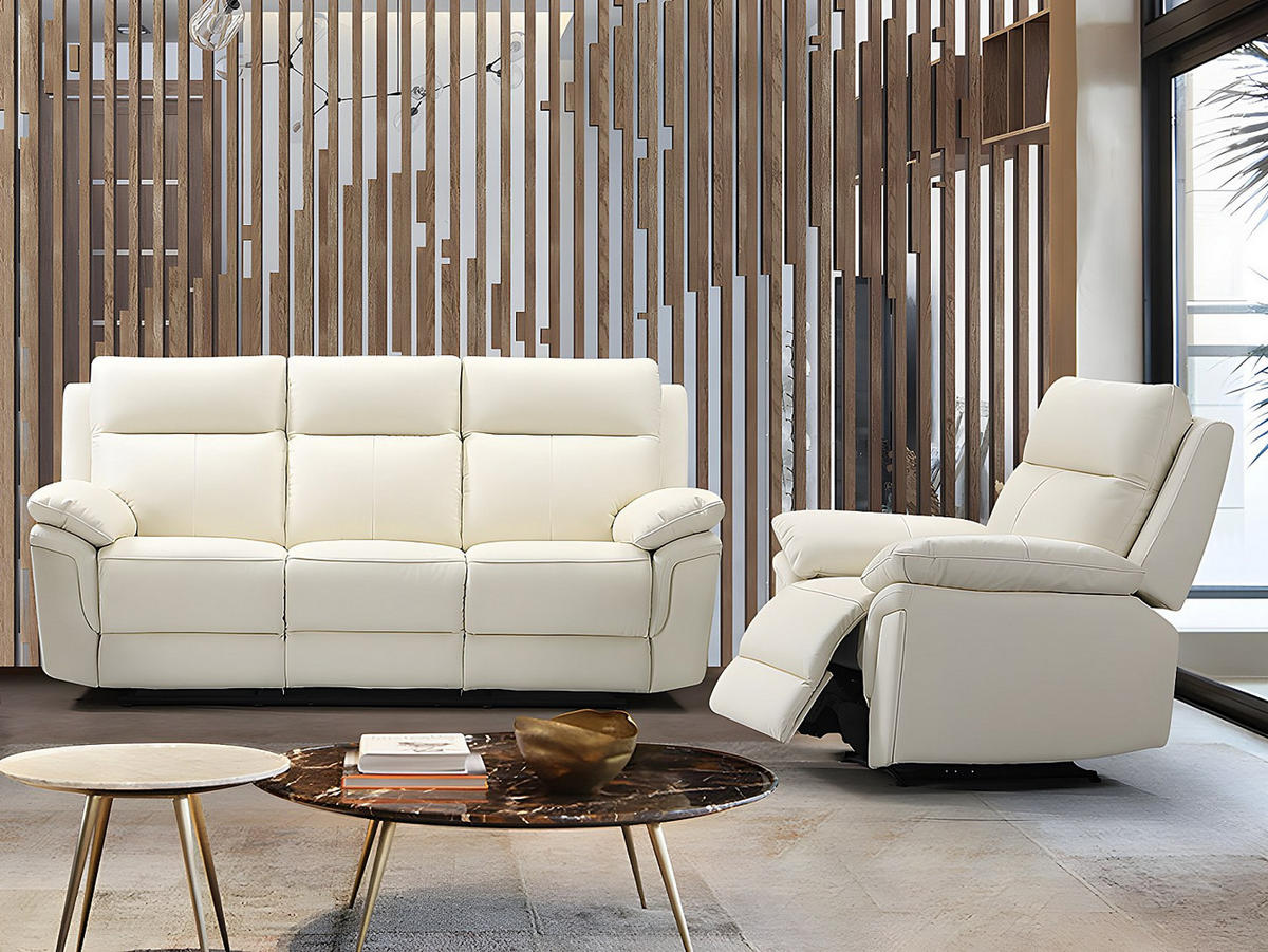 SOFAGARNITUR mit Relaxfunktion - 4 -Sitzer - Leder - elfenbeinfarben - PAKITA - Weiß, Leder (208/102/92cm) - Vente-Unique