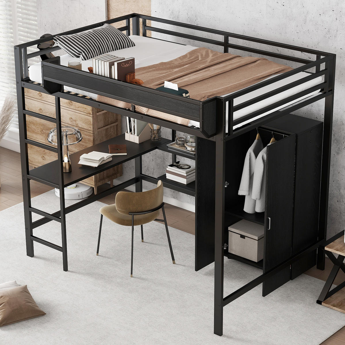 VYSOKÁ postel 140/200 cm černá s psacím stolem úložným prostorem a skříní z kovu a MDF - černá, kompozitní dřevo (140/200cm) - OKWISH