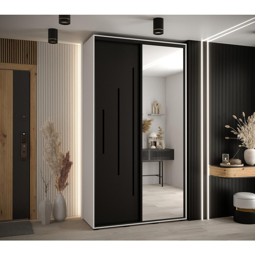 Thumbnail - Abiks Möbel Schwebetürenschrank, Weiß, Schwarz, Schwarz, Metall, Nachbildung, 6 Fächer, 140x235x60 cm, Schlafzimmer, Kle...