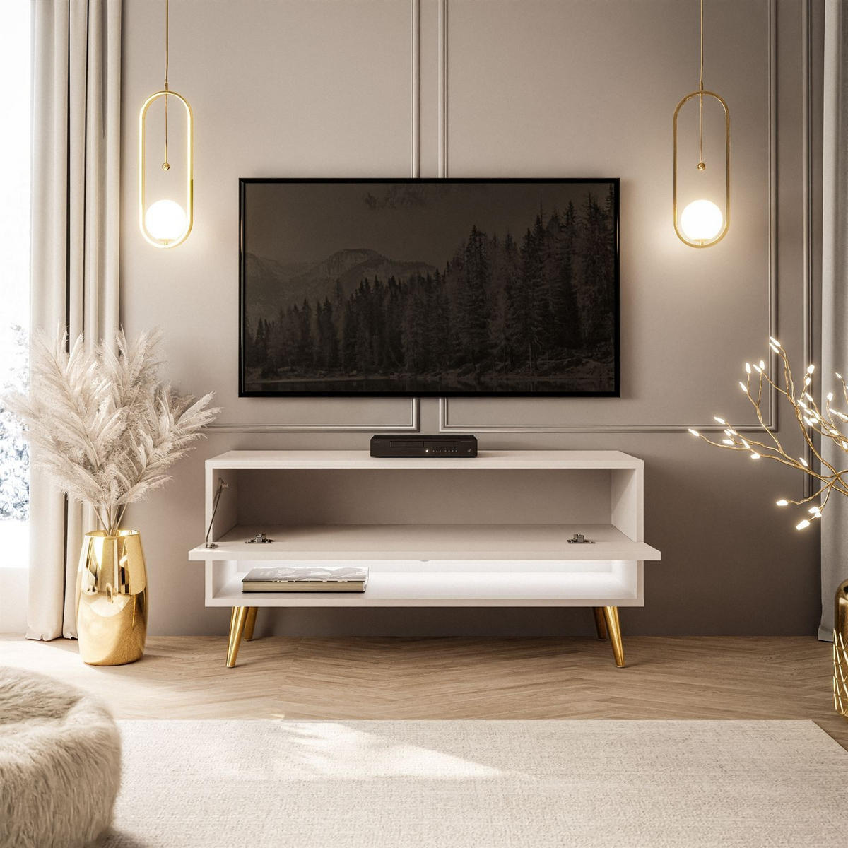 LOWBOARD TV-Schrank CALANTE 90 cm auf schrägen goldenen Chrom-Beinen - Beige/Goldfarben, Holzwerkstoff/Metall (90/43/35cm) - Lookway