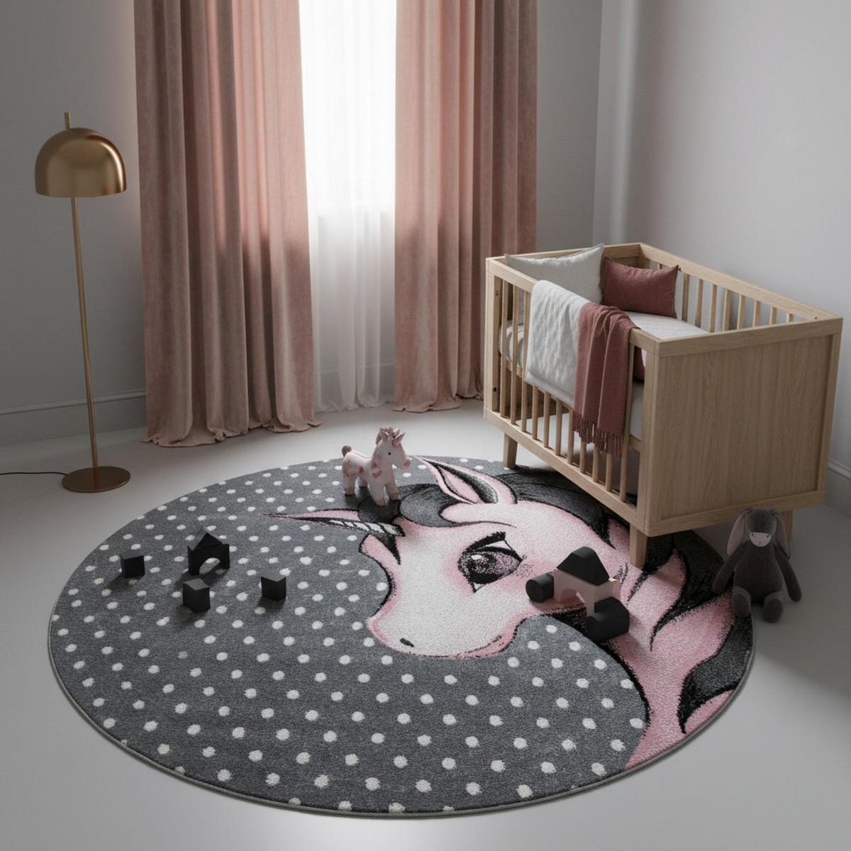 TEPPICH Kinder Einhorn Polypropylen saugroboter Kurzflor Kinderzimmer Pink Rund 160x160 - Rosa, Textil (160/160cm) - KADIMA DESIGN